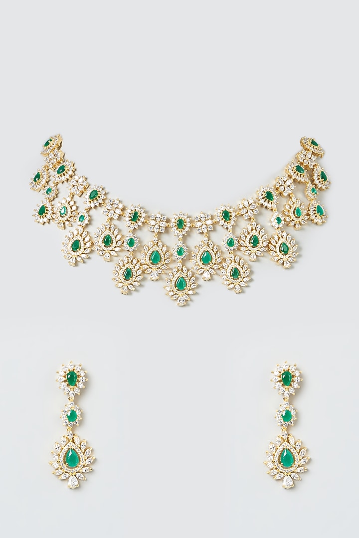 Gold Finish Zircon & Green Stones Necklace Set by Aster at Pernia's Pop Up Shop