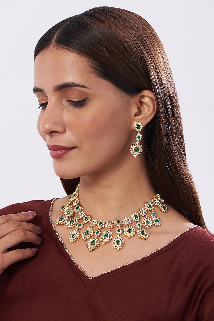 Gold Finish Zircon & Green Stones Necklace Set by Aster at Pernia's Pop Up Shop