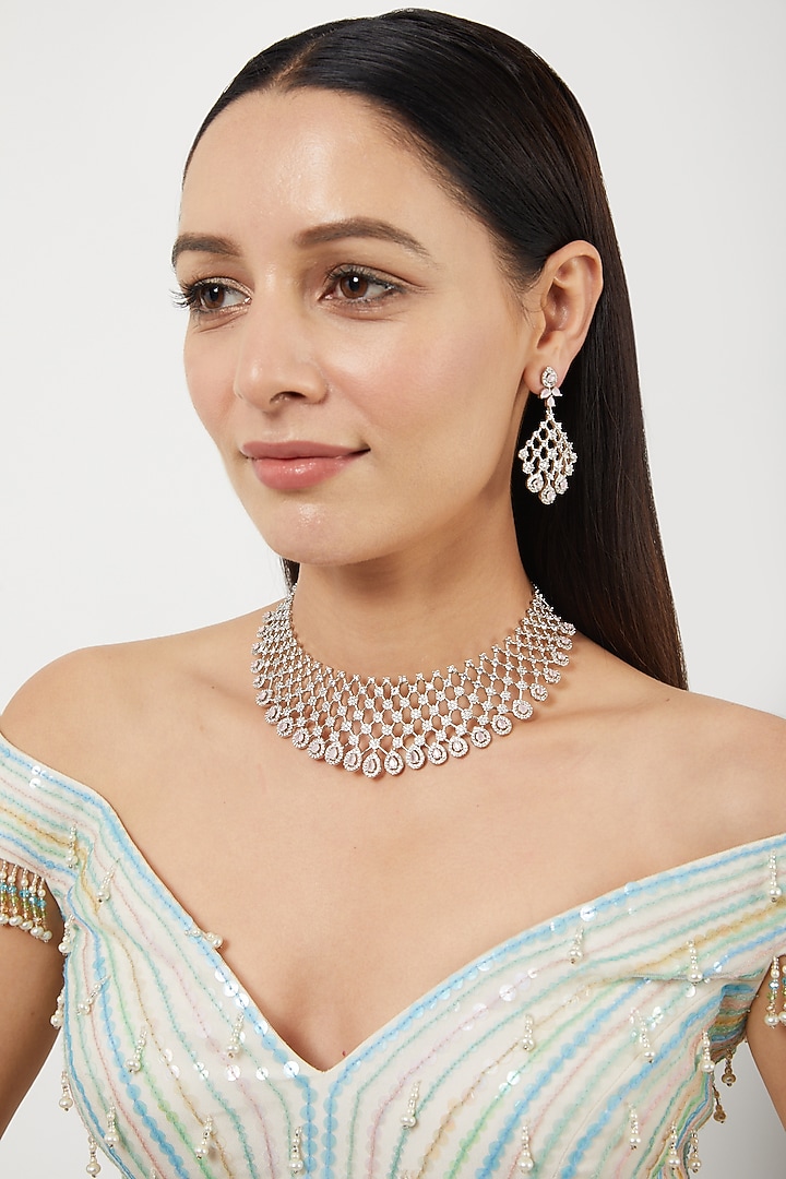 White Finish Zircons Choker Necklace Set by Aster at Pernia's Pop Up Shop