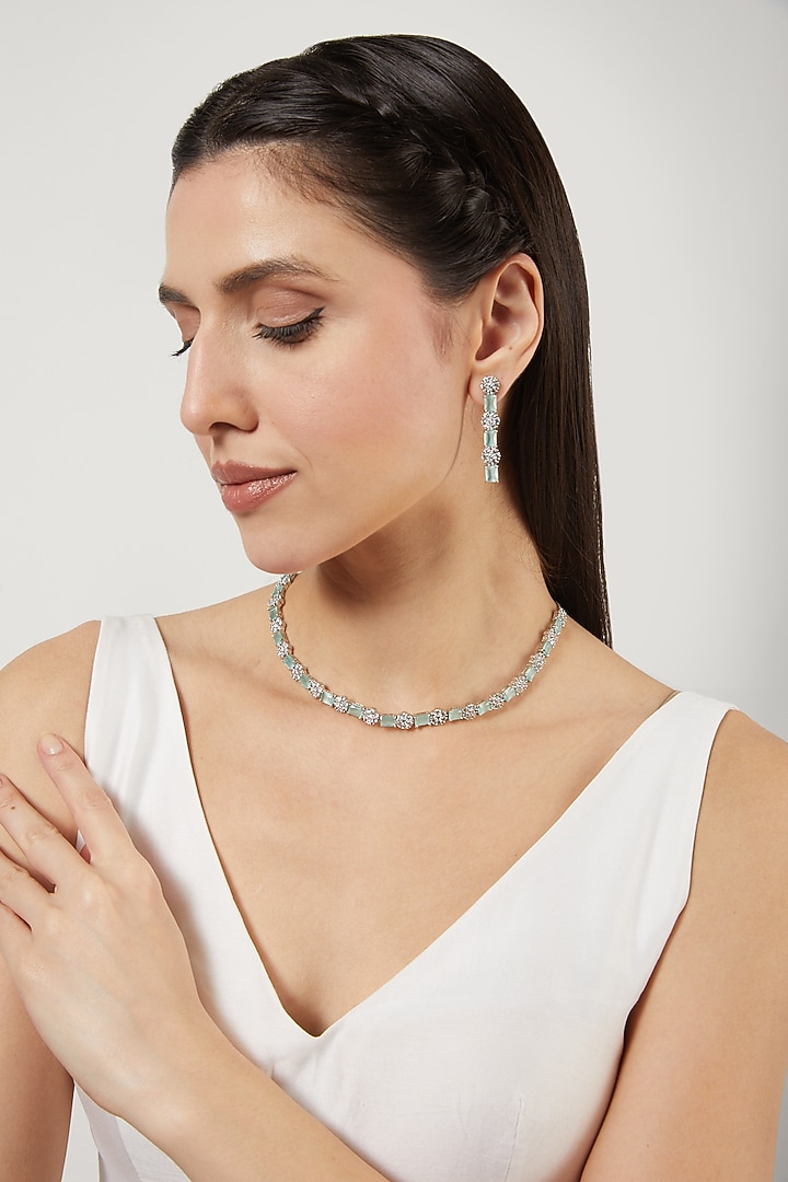 White Finish Zircon & Turquoise Stone Necklace Set by Aster at Pernia's Pop Up Shop