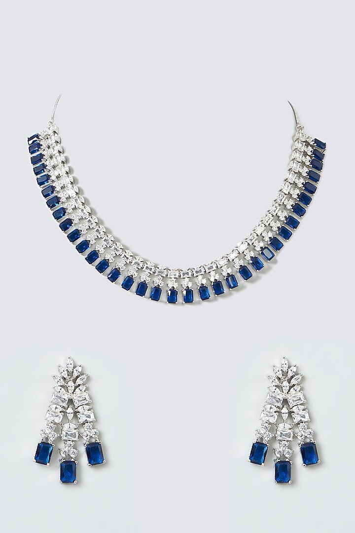 White Finish Zircon & Blue Drop Stone Necklace Set by Aster at Pernia's Pop Up Shop