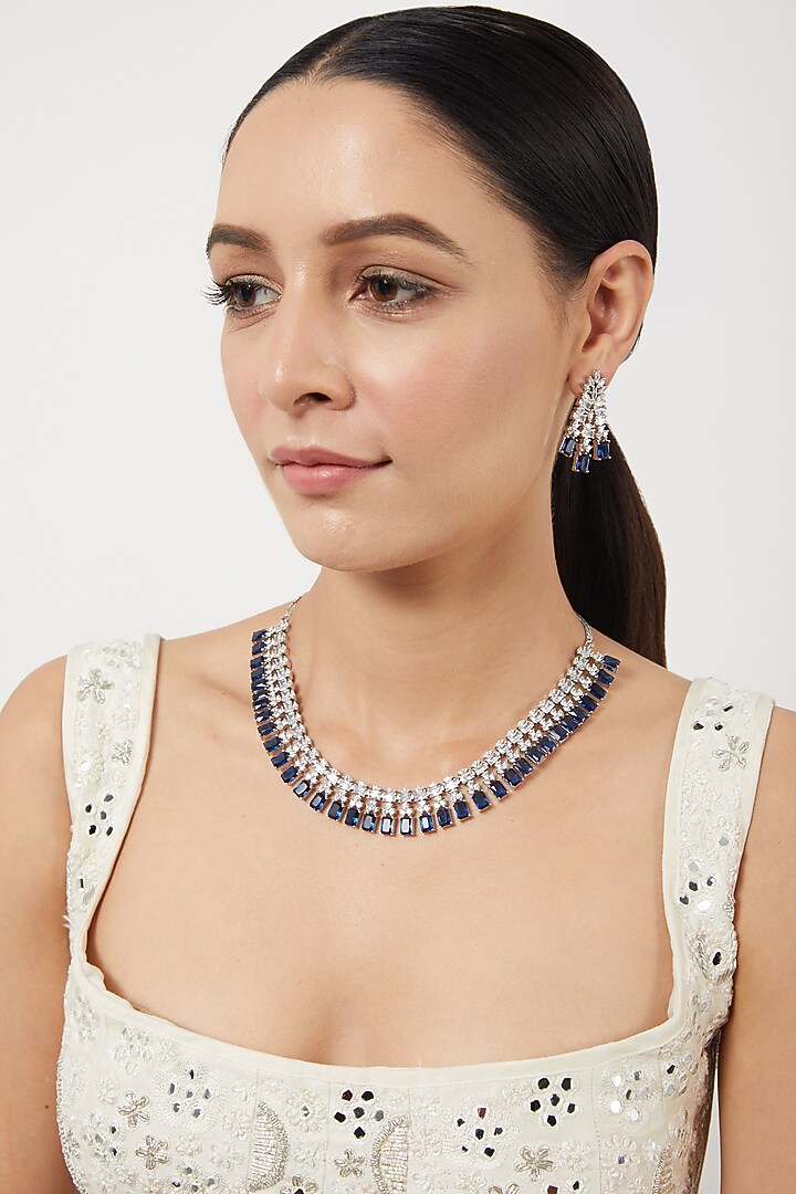 White Finish Zircon & Blue Drop Stone Necklace Set by Aster at Pernia's Pop Up Shop