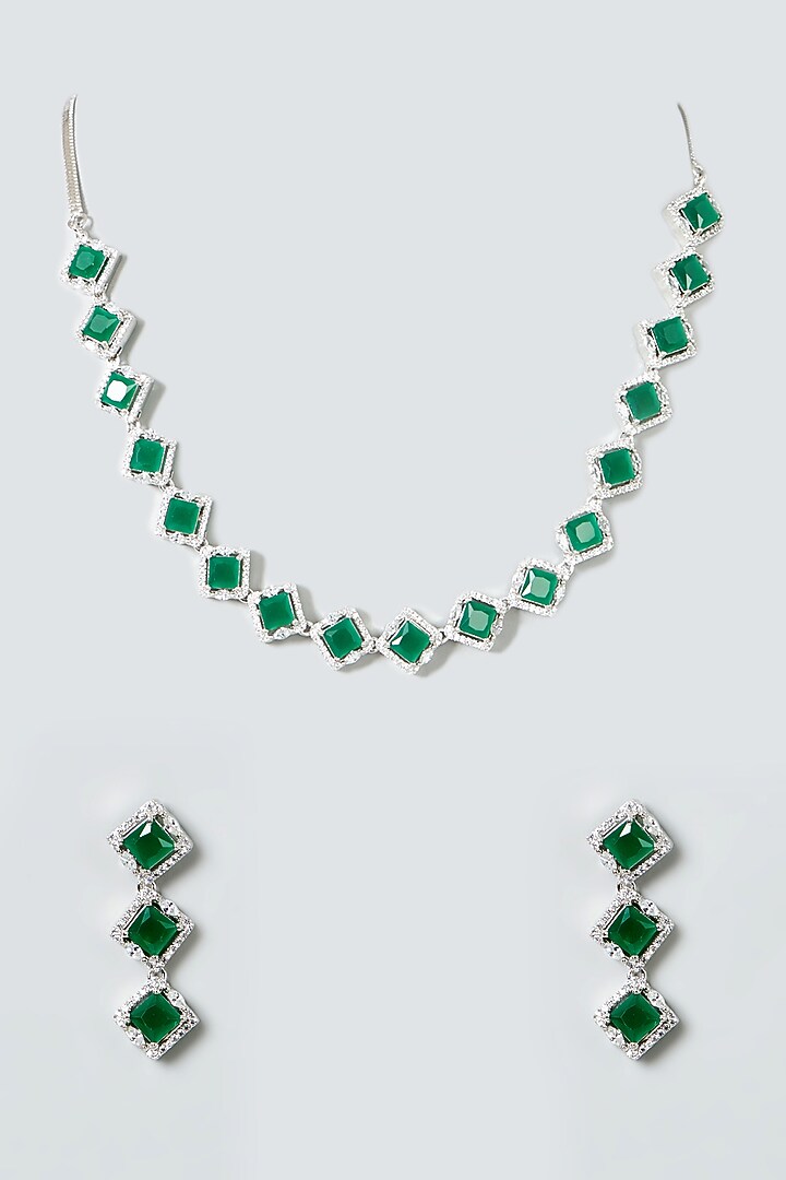 White Finish Green Stone & Zircon Necklace Set by Aster at Pernia's Pop Up Shop