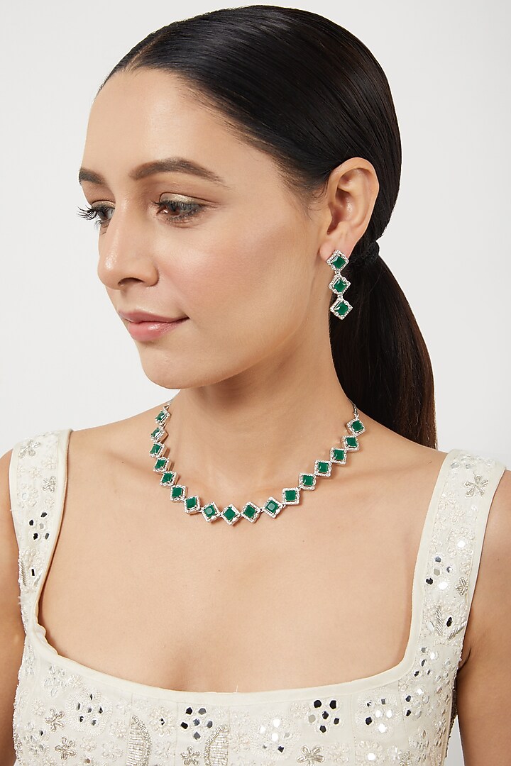 White Finish Green Stone & Zircon Necklace Set by Aster at Pernia's Pop Up Shop