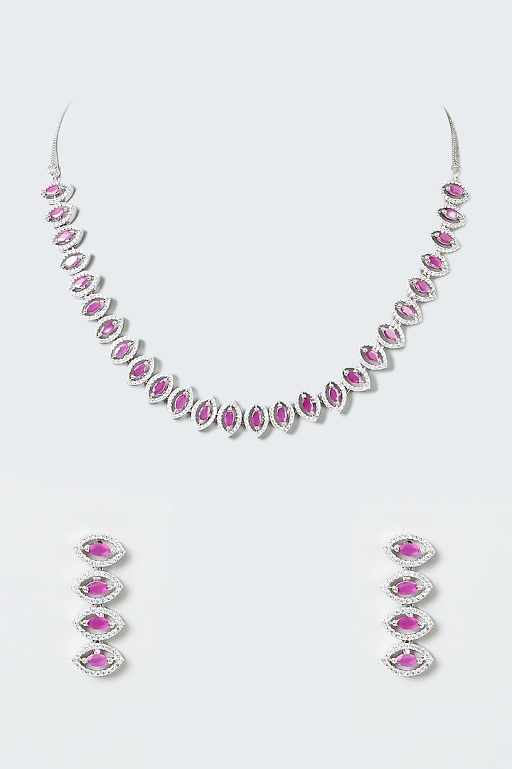 White Finish Pink Stone & Zircon Necklace Set by Aster at Pernia's Pop Up Shop