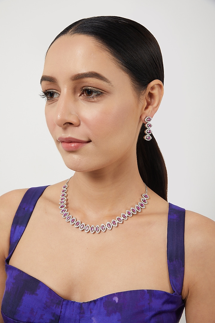 White Finish Pink Stone & Zircon Necklace Set by Aster at Pernia's Pop Up Shop