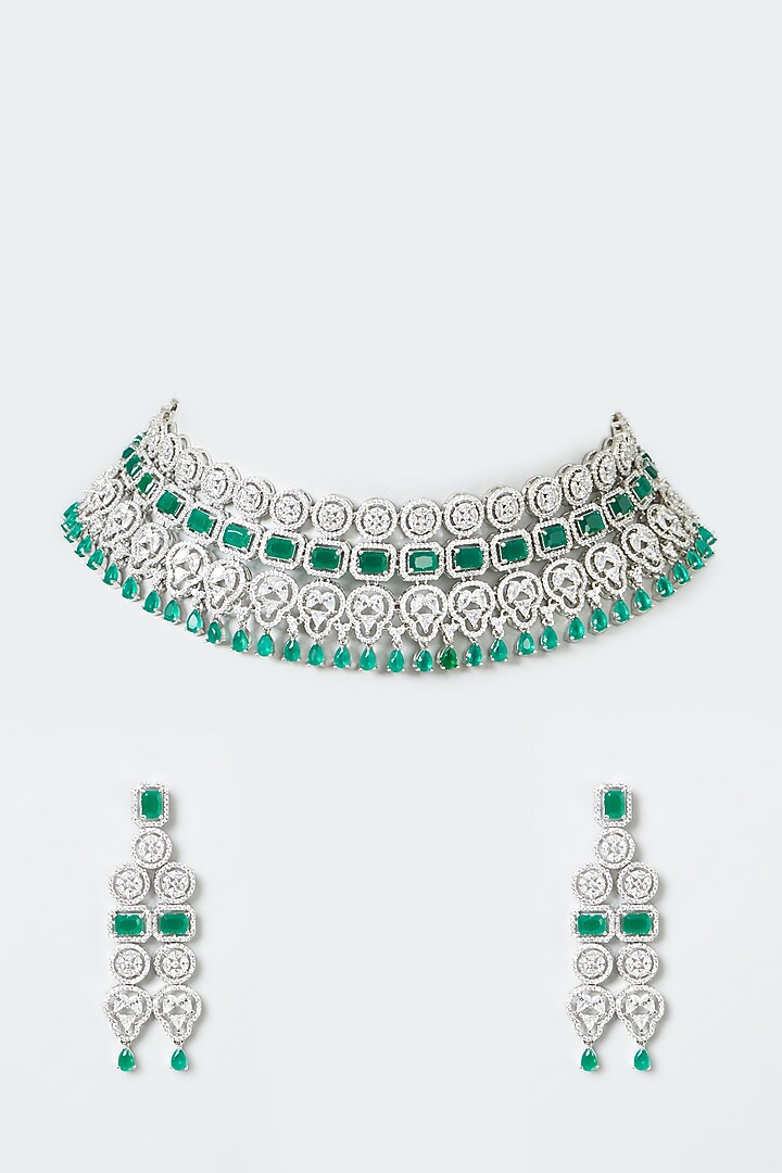 White Finish Green Synthetic Stone Choker Necklace Set by Aster at Pernia's Pop Up Shop