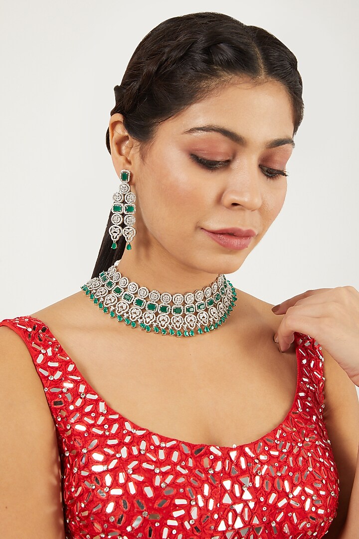 White Finish Green Synthetic Stone Choker Necklace Set by Aster at Pernia's Pop Up Shop
