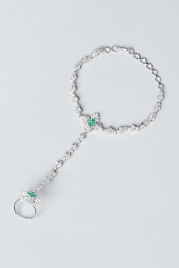 White Finish Zircons & Green Stones Haath Phool (Set Of 2) by Aster at Pernia's Pop Up Shop