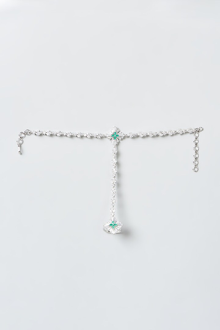 White Finish Zircons & Green Stones Haath Phool (Set Of 2) by Aster at Pernia's Pop Up Shop