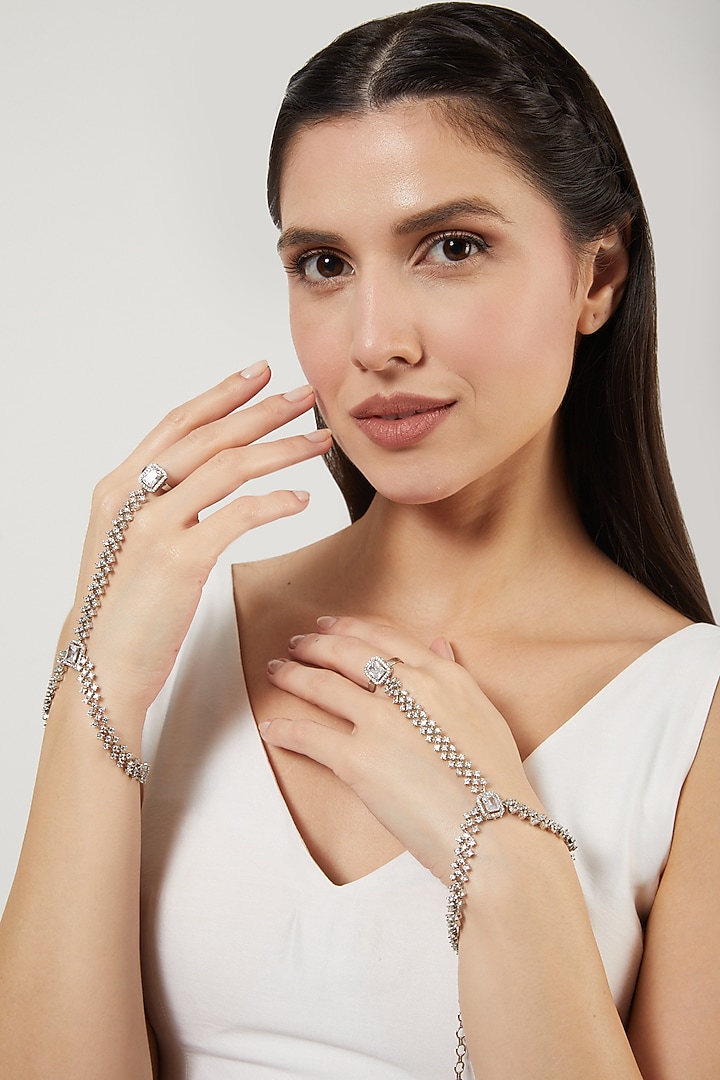 White Finish Haath Phool With Zircons (Set Of 2) by Aster at Pernia's Pop Up Shop