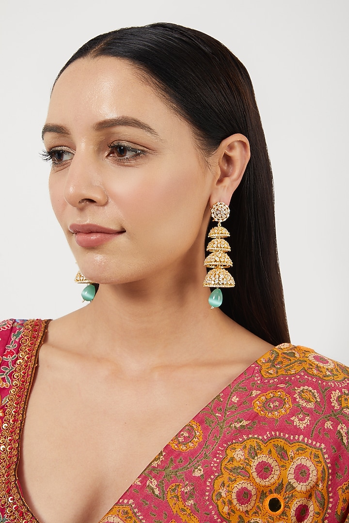Gold Finish Zircons & Aqua Stone Earrings by Aster at Pernia's Pop Up Shop