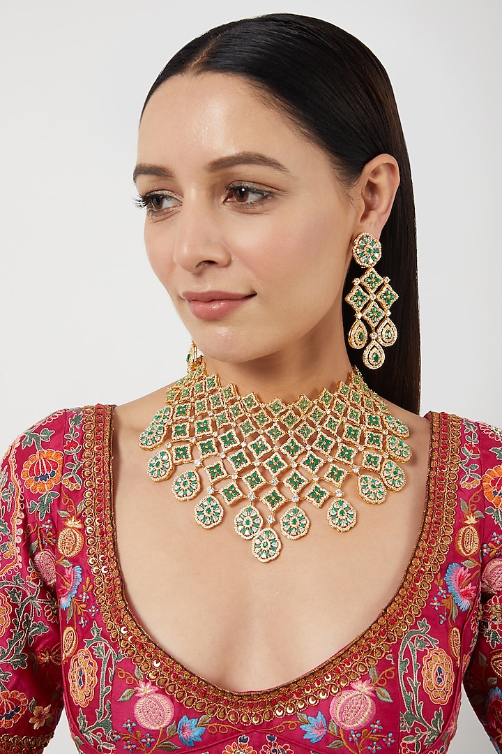 Gold Finish Green Synthetic Stone Choker Necklace Set by Aster at Pernia's Pop Up Shop