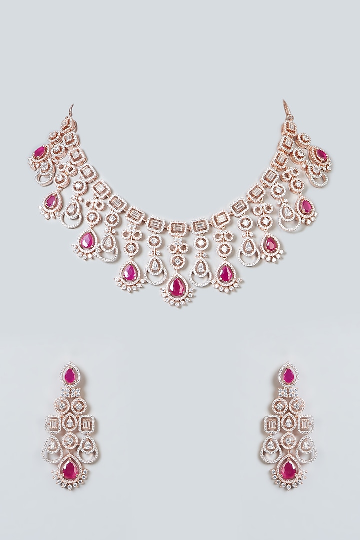 Rose Gold Finish Ruby Synthetic Stone Zircon Necklace Set by Aster at  Pernia's Pop Up Shop