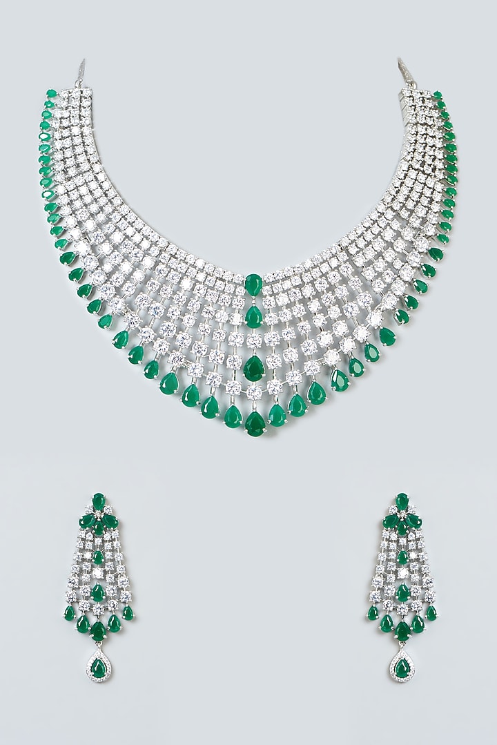 White Finish Zircon & Emerald Choker Necklace Set by Aster at Pernia's Pop Up Shop