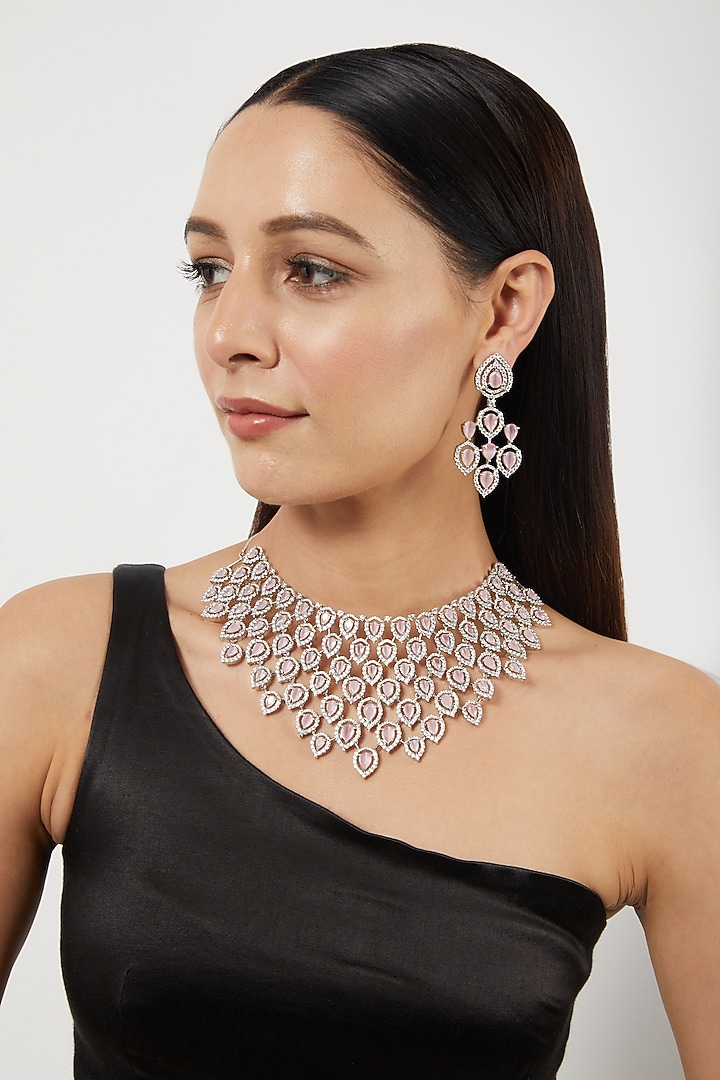 White Finish Zircon & Pink Stone Choker Necklace Set by Aster at Pernia's Pop Up Shop