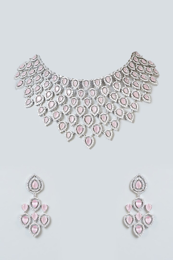 White Finish Zircon & Pink Stone Choker Necklace Set by Aster at Pernia's Pop Up Shop