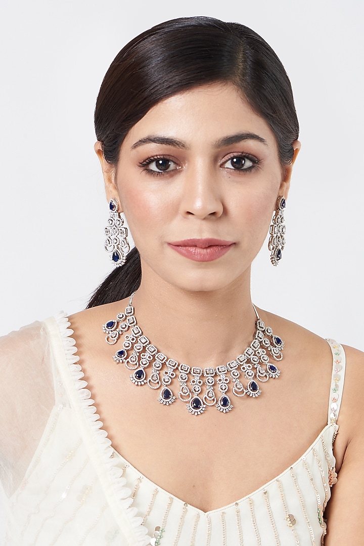 White Finish Blue Synthetic Stone & Zircon Necklace Set by Aster at Pernia's Pop Up Shop
