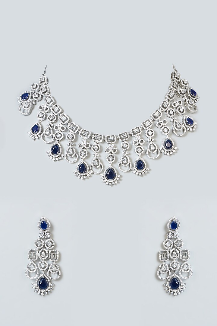 White Finish Blue Synthetic Stone & Zircon Necklace Set by Aster at Pernia's Pop Up Shop