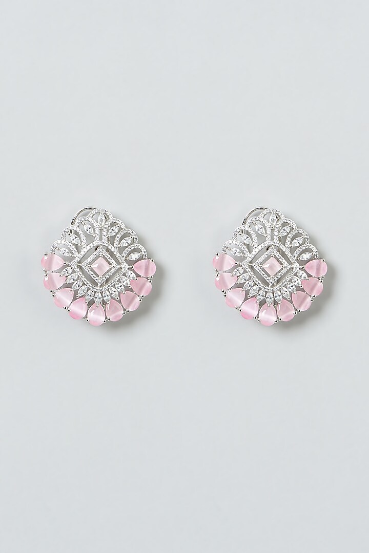 White Finish Zircon & Pink Stones Stud Earrings by Aster at Pernia's Pop Up Shop