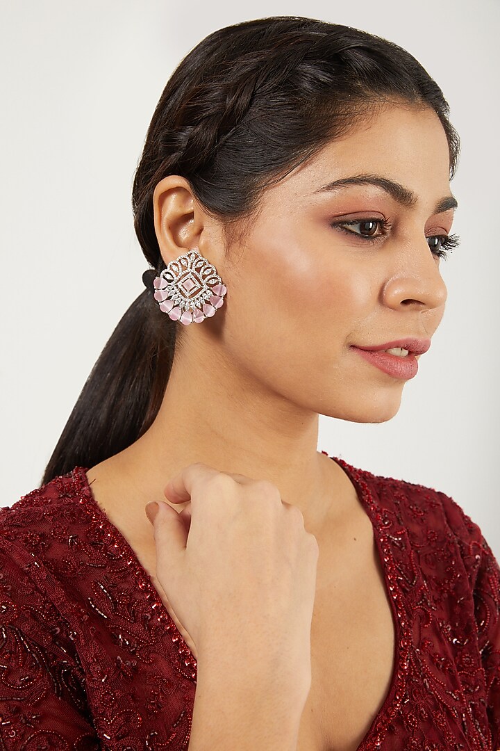 White Finish Zircon & Pink Stones Stud Earrings by Aster at Pernia's Pop Up Shop
