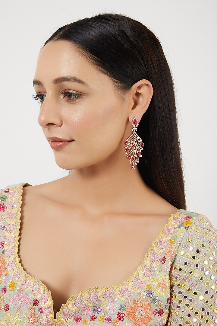 Rose Gold Finish Zircon & Red Stone Dangler Earrings by Aster at Pernia's Pop Up Shop