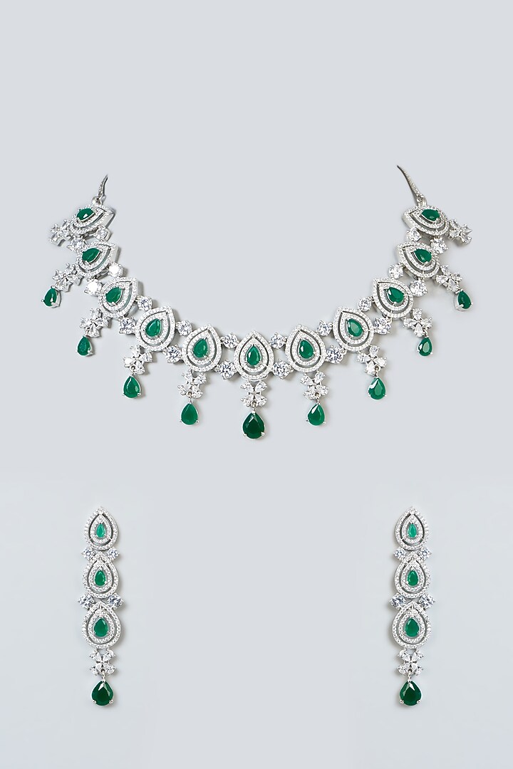 White Finish Zircon & Green Stone Necklace Set by Aster at Pernia's Pop Up Shop