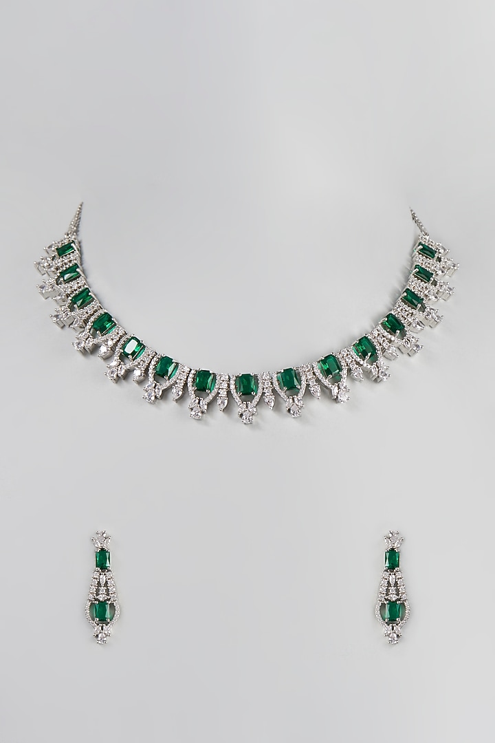 White Finish Zircon & Green Stones Necklace Set by Aster at Pernia's Pop Up Shop