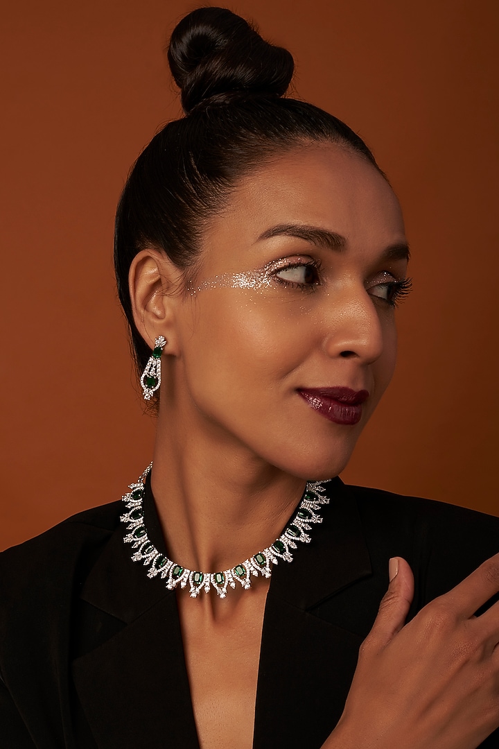 White Finish Zircon & Green Stones Necklace Set by Aster at Pernia's Pop Up Shop