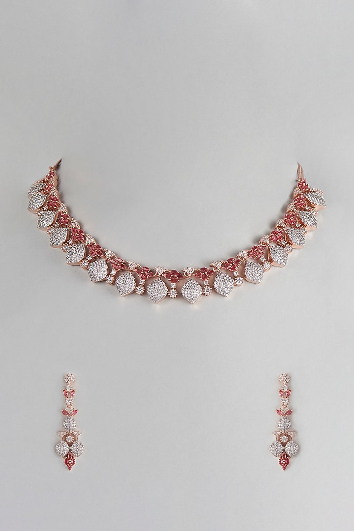 Rose Gold Finish Zircon & Red Stones Necklace Set by Aster at Pernia's Pop Up Shop