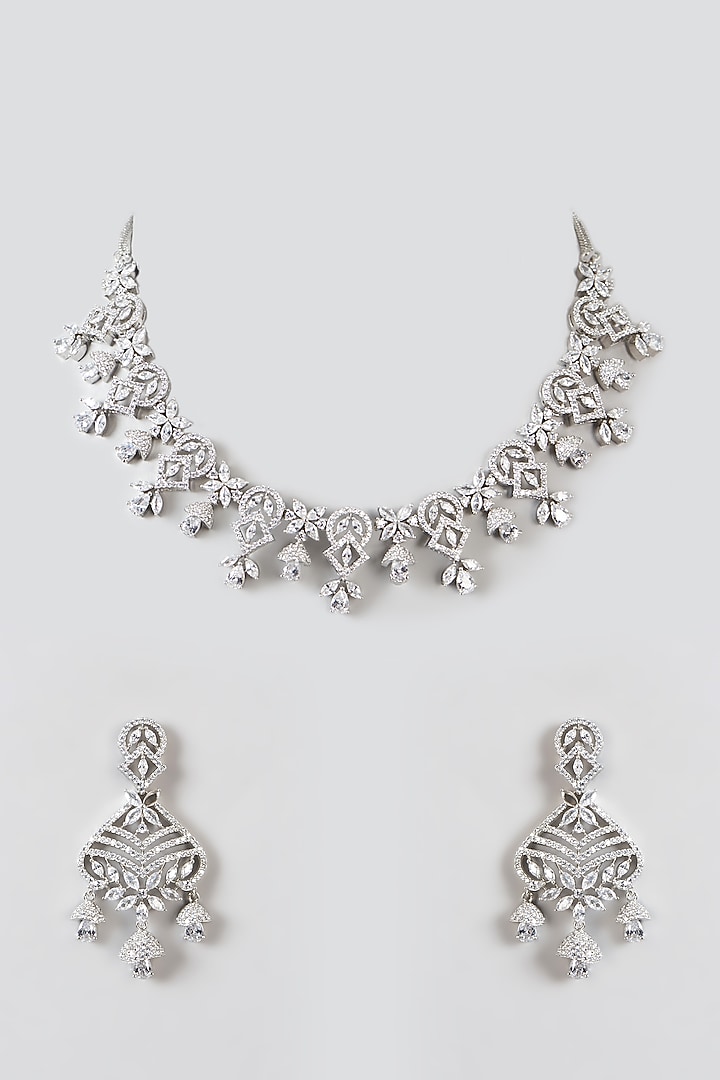 White Finish Faux Diamond Necklace Set Design by Aster at Pernia's Pop