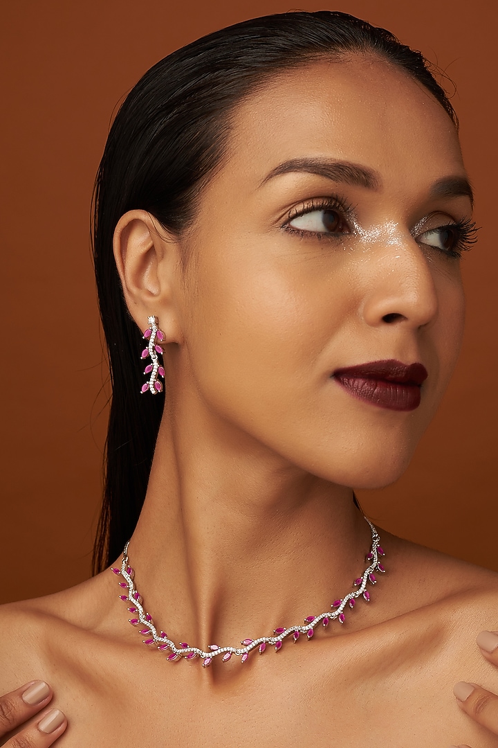 White Finish Zircon & Pink Stone Necklace Set by Aster at Pernia's Pop Up Shop