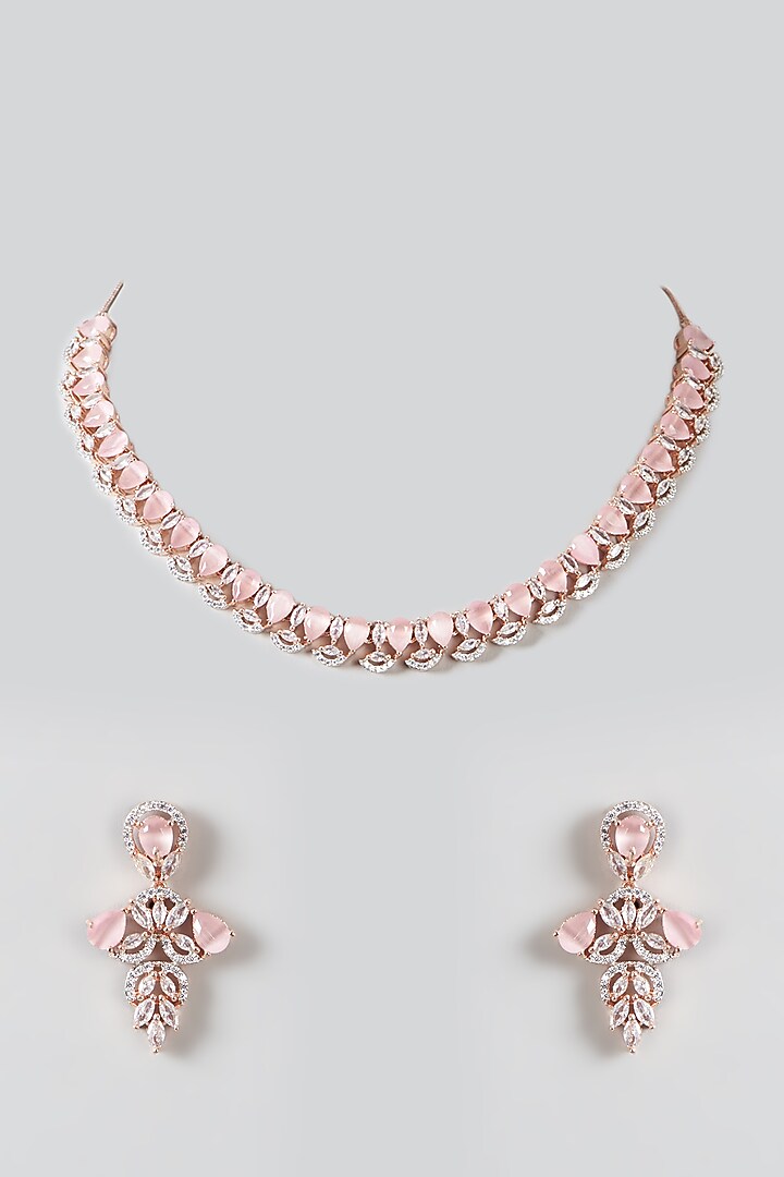 Rose Gold Finish Zircon & Pink Stones Necklace Set by Aster at Pernia's Pop Up Shop