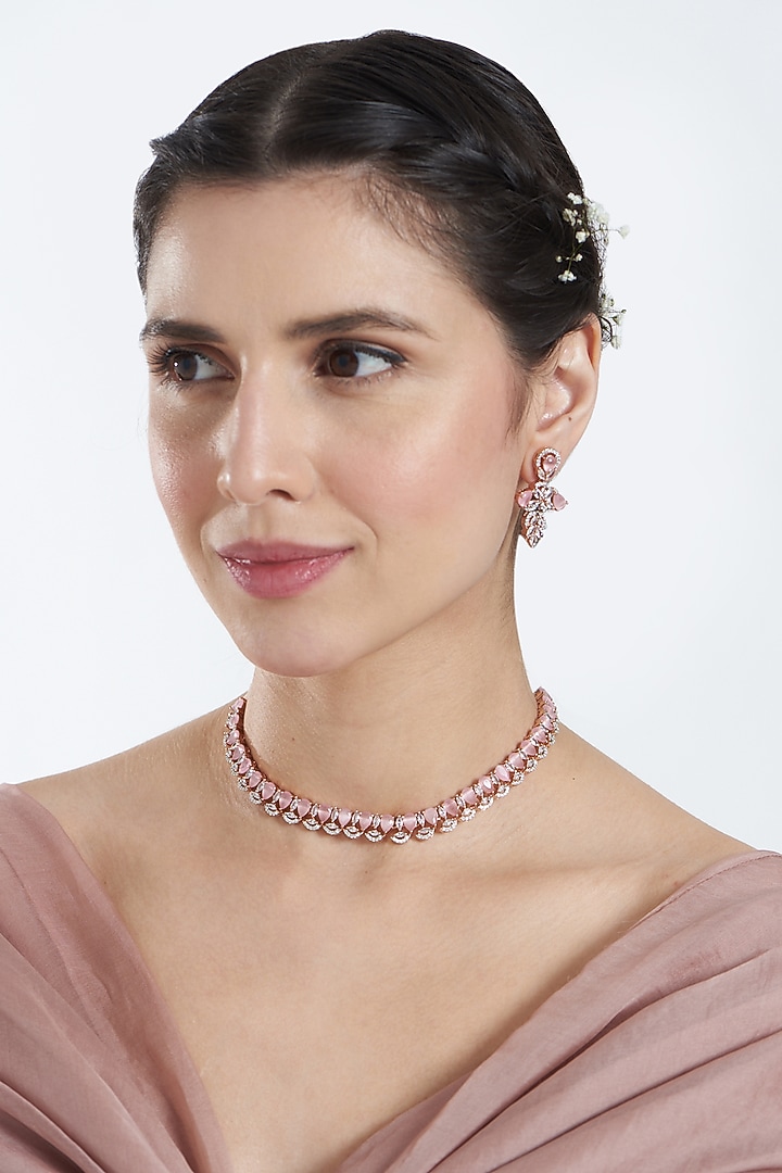 Rose Gold Finish Zircon & Pink Stones Necklace Set by Aster at Pernia's Pop Up Shop