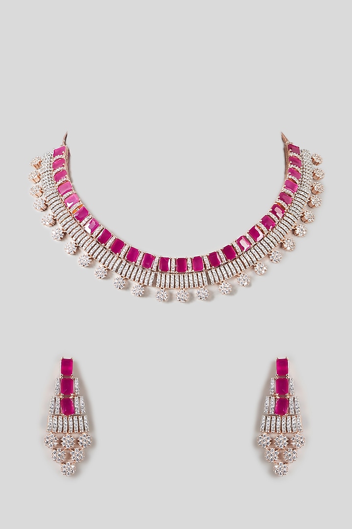 Rose Gold Finish Zircon & Ruby Necklace Set by Aster at Pernia's Pop Up Shop