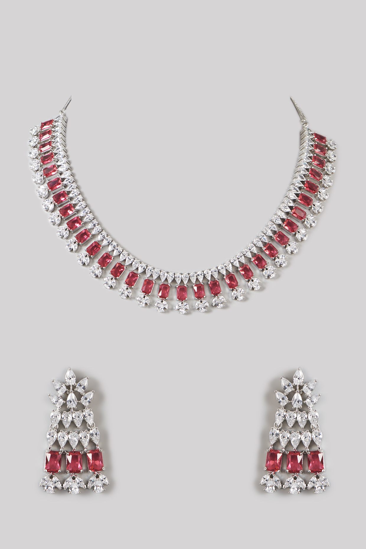 White Finish Faux Diamond & Red Stones Necklace Set by Aster