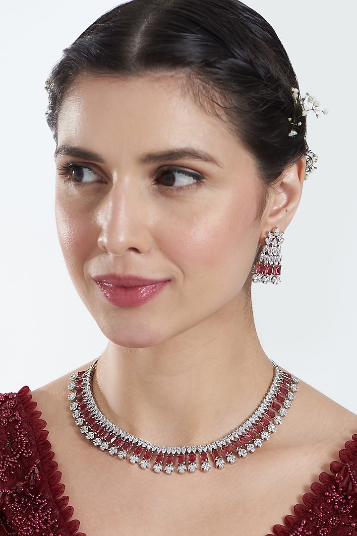 White Finish Zircon & Ruby Stone Necklace Set by Aster