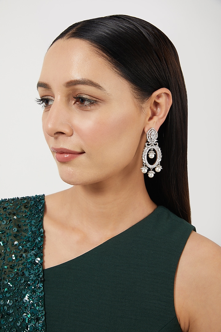 White Finish Zircon & Pearl Earrings by Aster at Pernia's Pop Up Shop