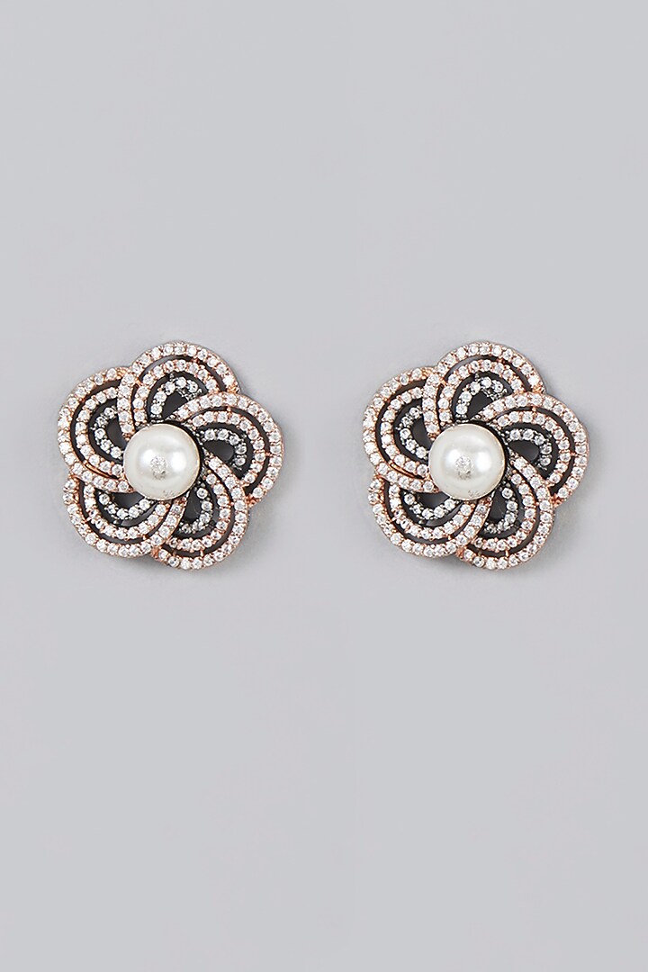 Two Tone Finish Zircon & Pearl Stud Earrings by Aster at Pernia's Pop Up Shop