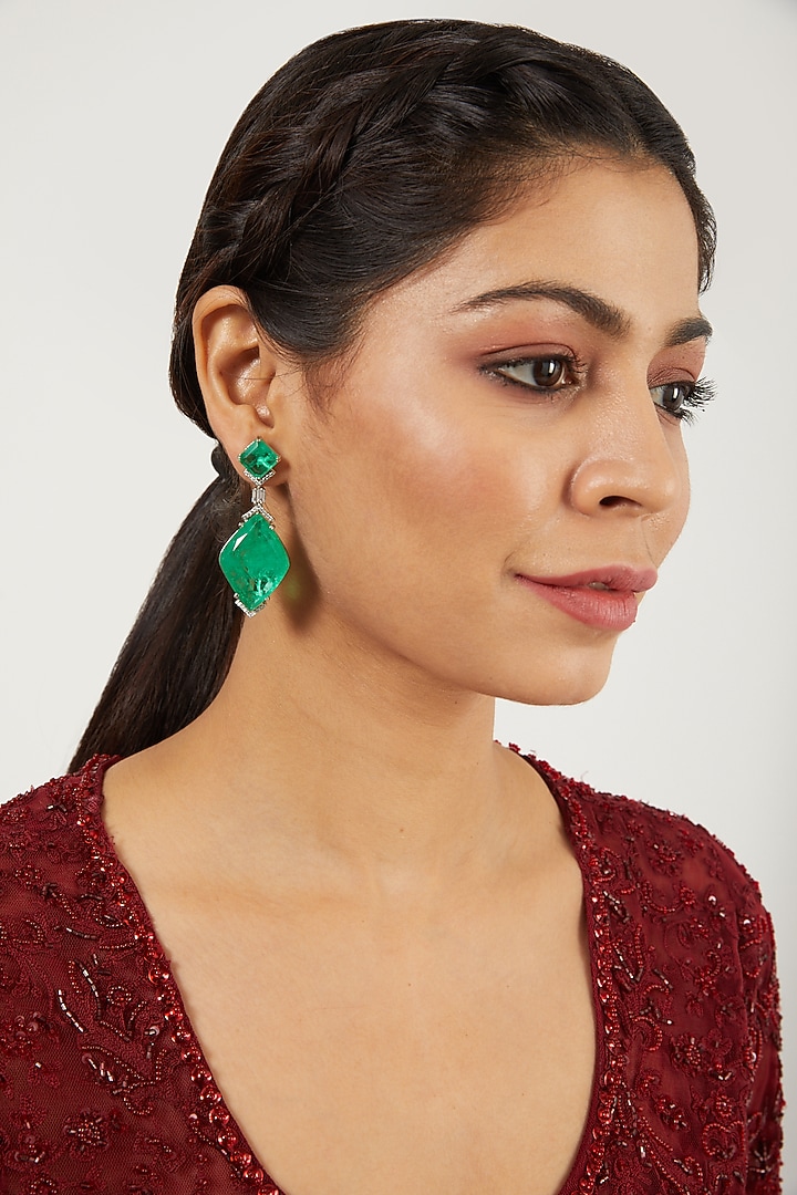 White Finish Green Stone Earrings by Aster at Pernia's Pop Up Shop