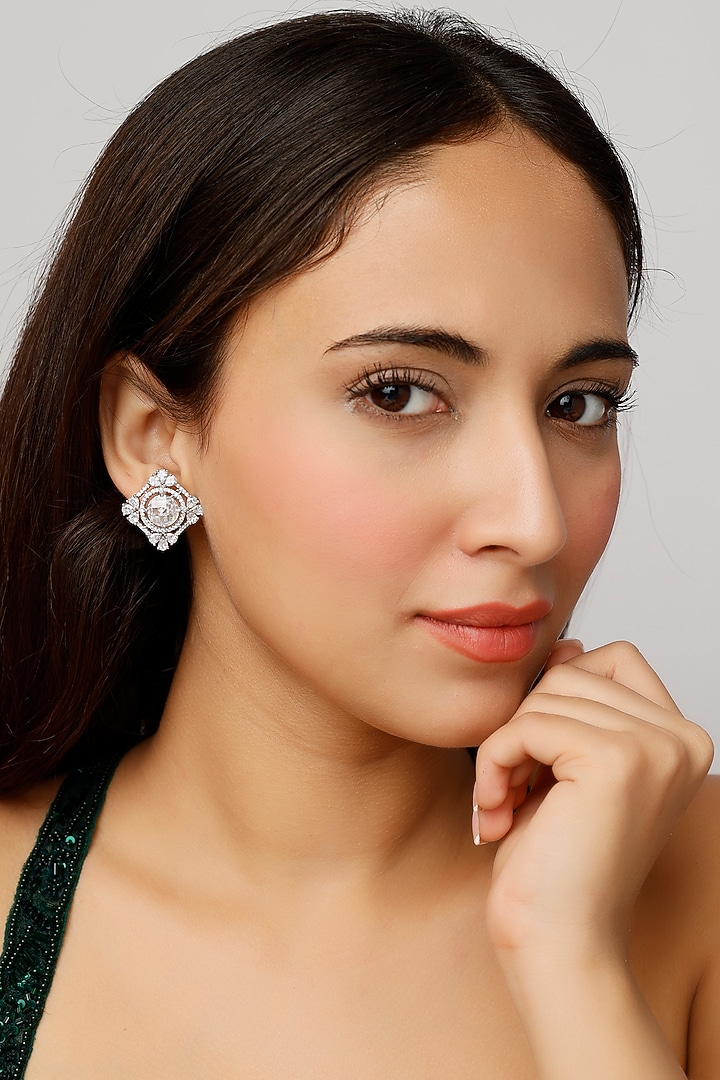 White Finish Zircon Stud Earrings by Aster at Pernia's Pop Up Shop