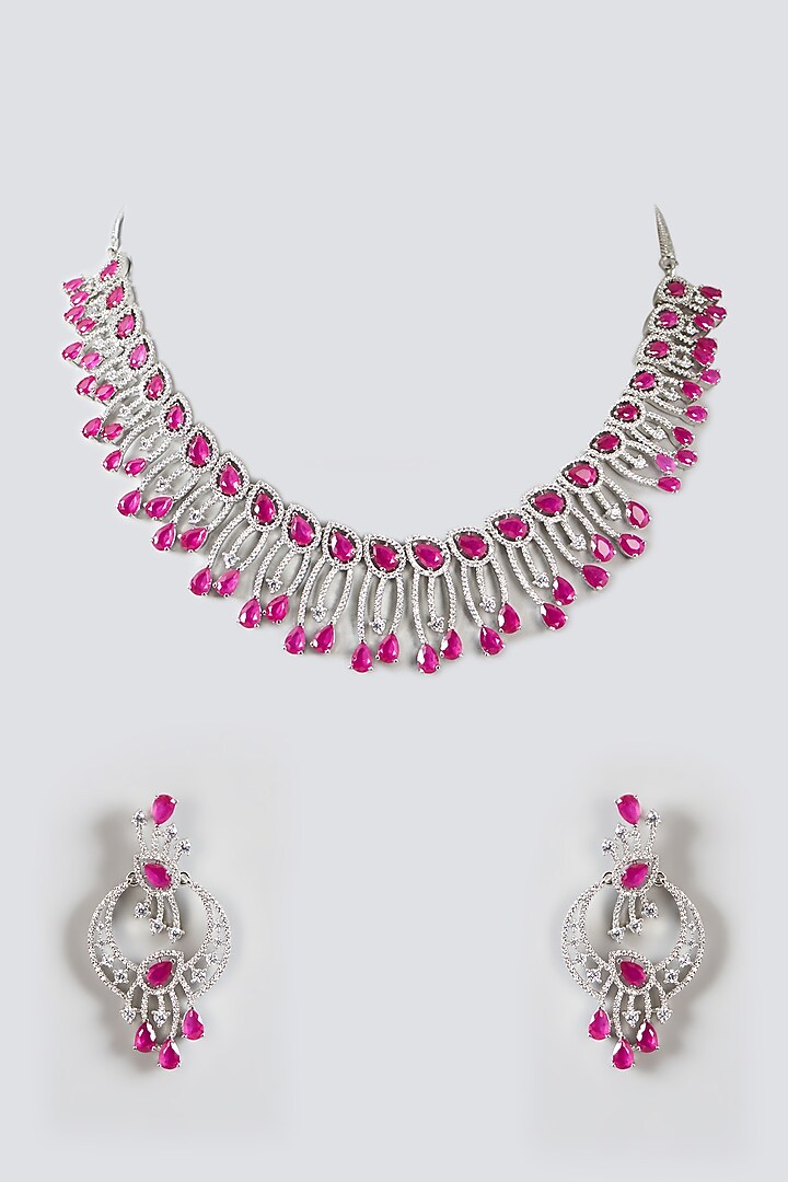 White Finish Zircon & Ruby Stone Necklace Set by Aster at Pernia's Pop Up Shop