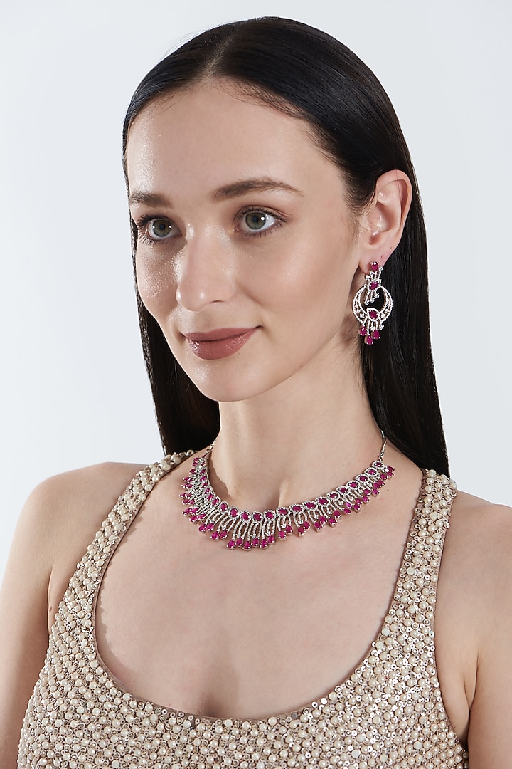White Finish Zircon & Ruby Stone Necklace Set by Aster at Pernia's Pop Up Shop
