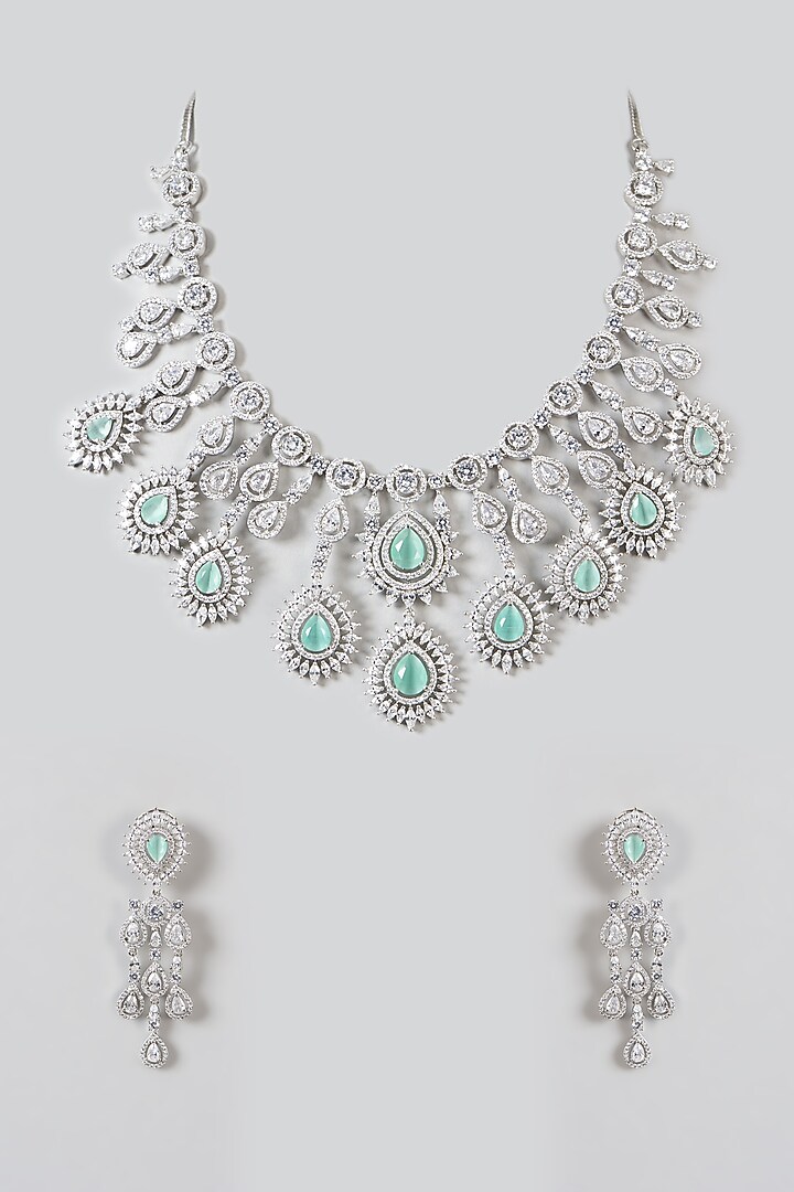 White Finish Zircon & Turquoise Stone Necklace Set by Aster at Pernia's Pop Up Shop