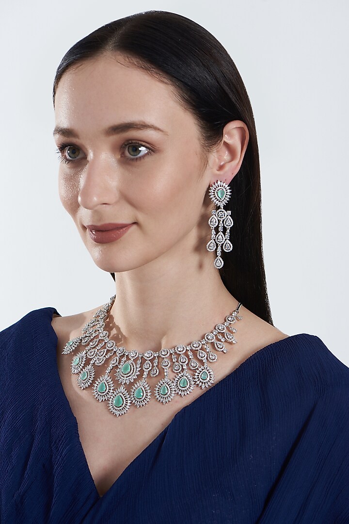 White Finish Zircon & Turquoise Stone Necklace Set by Aster at Pernia's Pop Up Shop