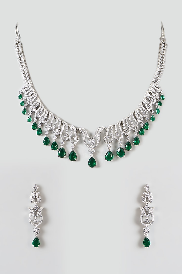 White Finish Zircon & Emerald Necklace Set by Aster at Pernia's Pop Up Shop