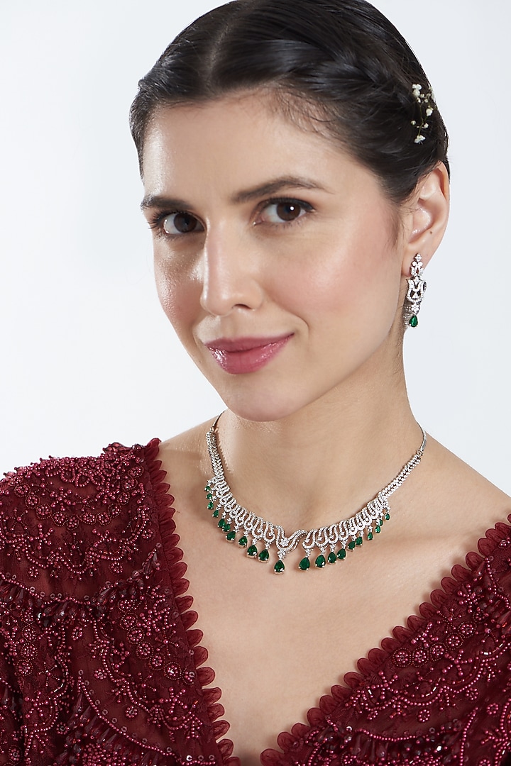 White Finish Zircon & Emerald Necklace Set by Aster at Pernia's Pop Up Shop
