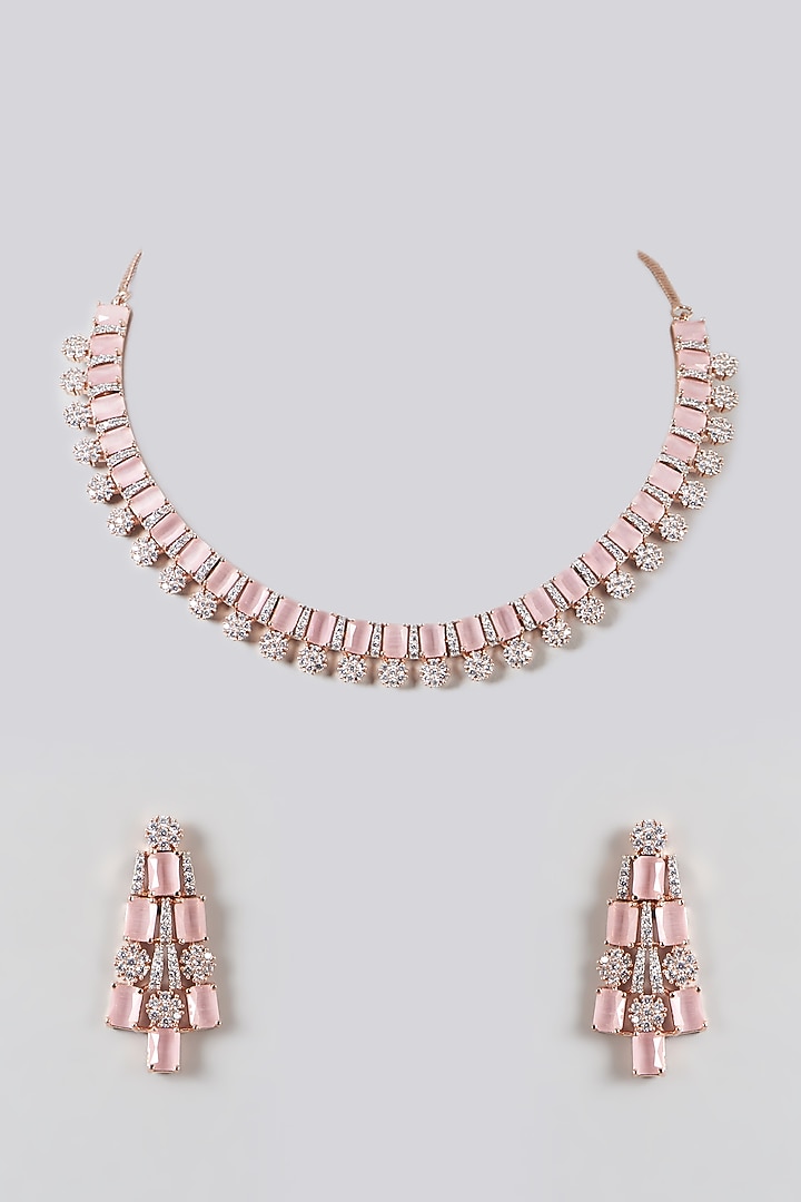 Rose Gold Finish Pink Synthetic Stone Necklace Set by Aster at Pernia's Pop Up Shop