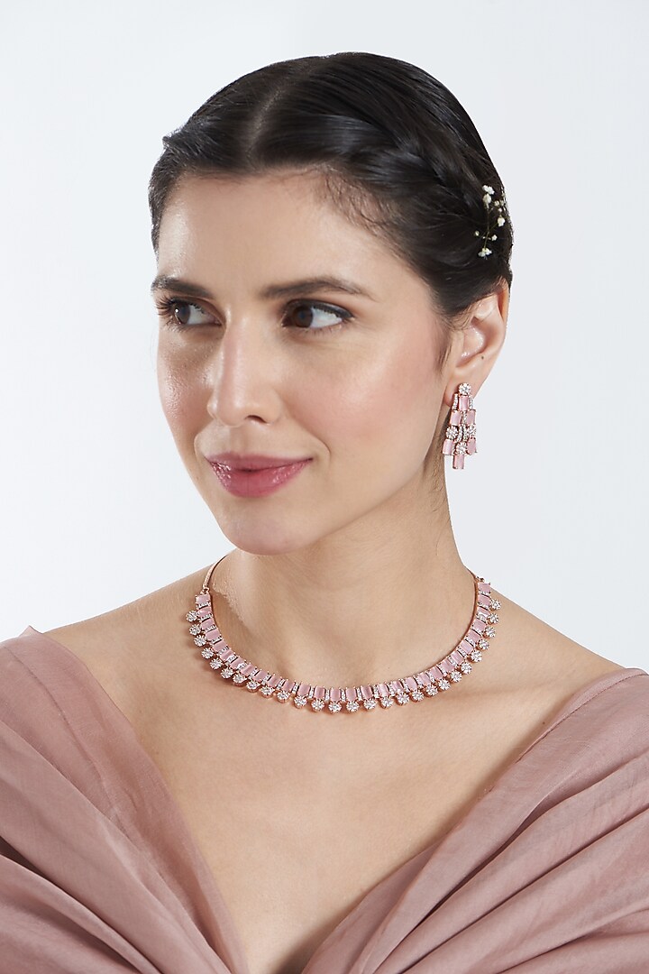Rose Gold Finish Pink Synthetic Stone Necklace Set by Aster at Pernia's Pop Up Shop