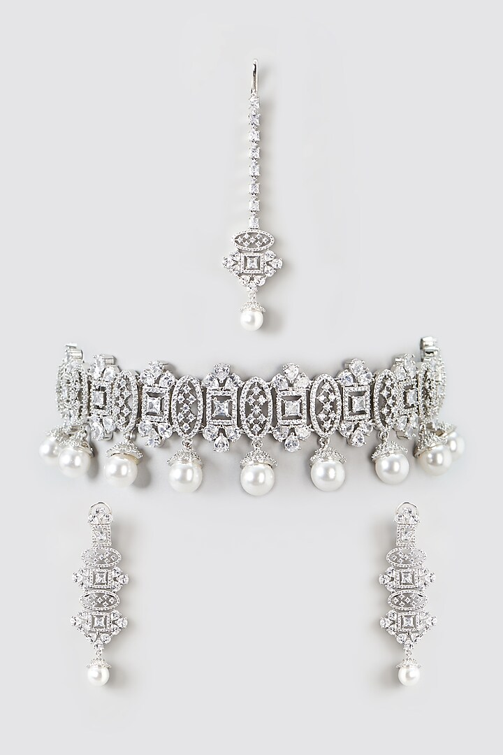 White Finish Zircon & Pearl Choker Necklace Set by Aster at Pernia's Pop Up Shop